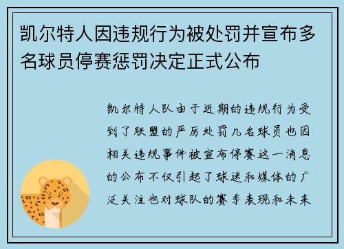 凯尔特人因违规行为被处罚并宣布多名球员停赛惩罚决定正式公布