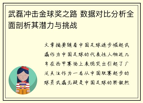 武磊冲击金球奖之路 数据对比分析全面剖析其潜力与挑战